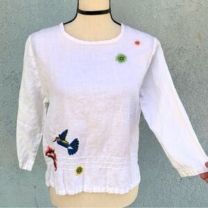 Hot Cotton by Marc Ware white linen with floral bird embroidery top